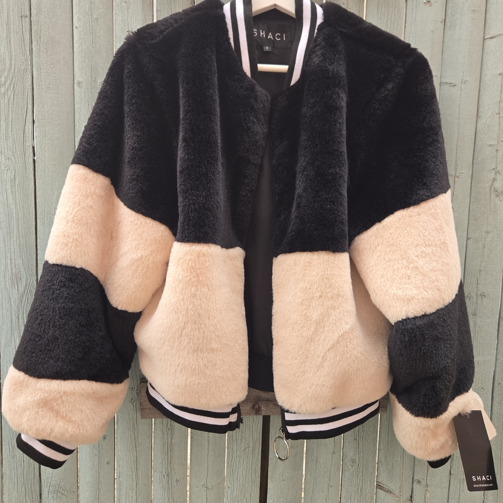 SHACI Faux Fur Colorblock Bomber Jacket | Black Beige Varsity Trim